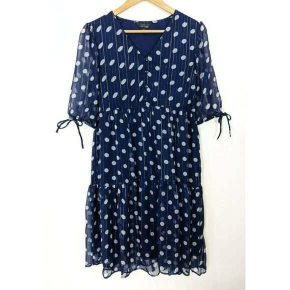 Mlle Gabrille Navy Polka Dot Tiered Metallic Thread Dress Elbow Sleeve Sz S - Picture 1 of 8